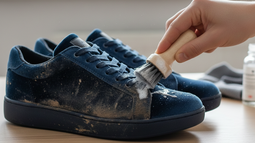 Proses Pembersihan Detail pada Sepatu Beludru dengan Larutan Lembut