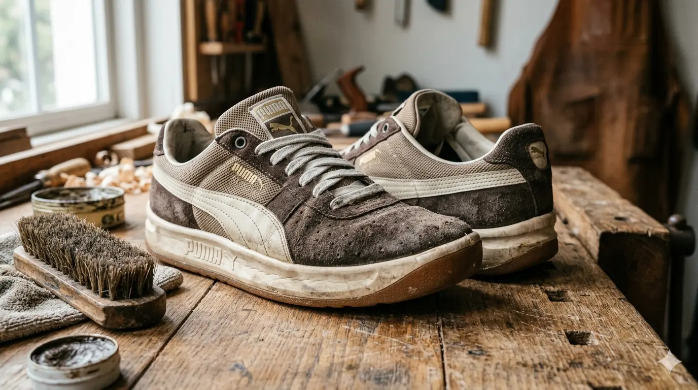 Perbedaan tampilan visual sepatu suede kusam akibat debu menumpuk dengan suede yang terawat - sneakershoot.id