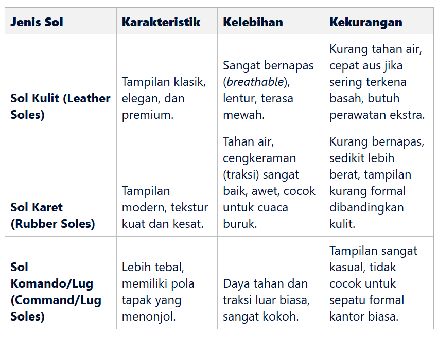 Jenis-Jenis Sol Sepatu Formal yang Populer