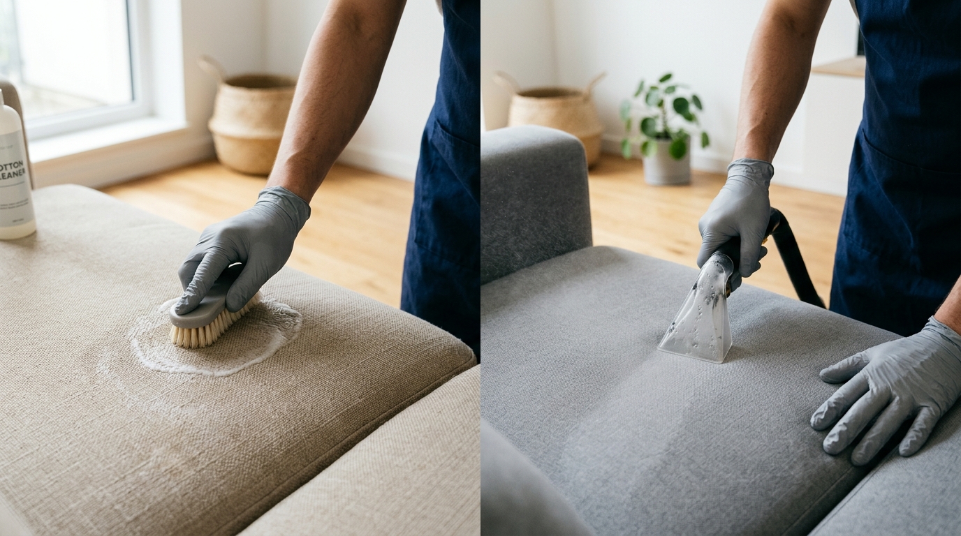 Perbandingan Cuci Sofa Katun vs Sintetis