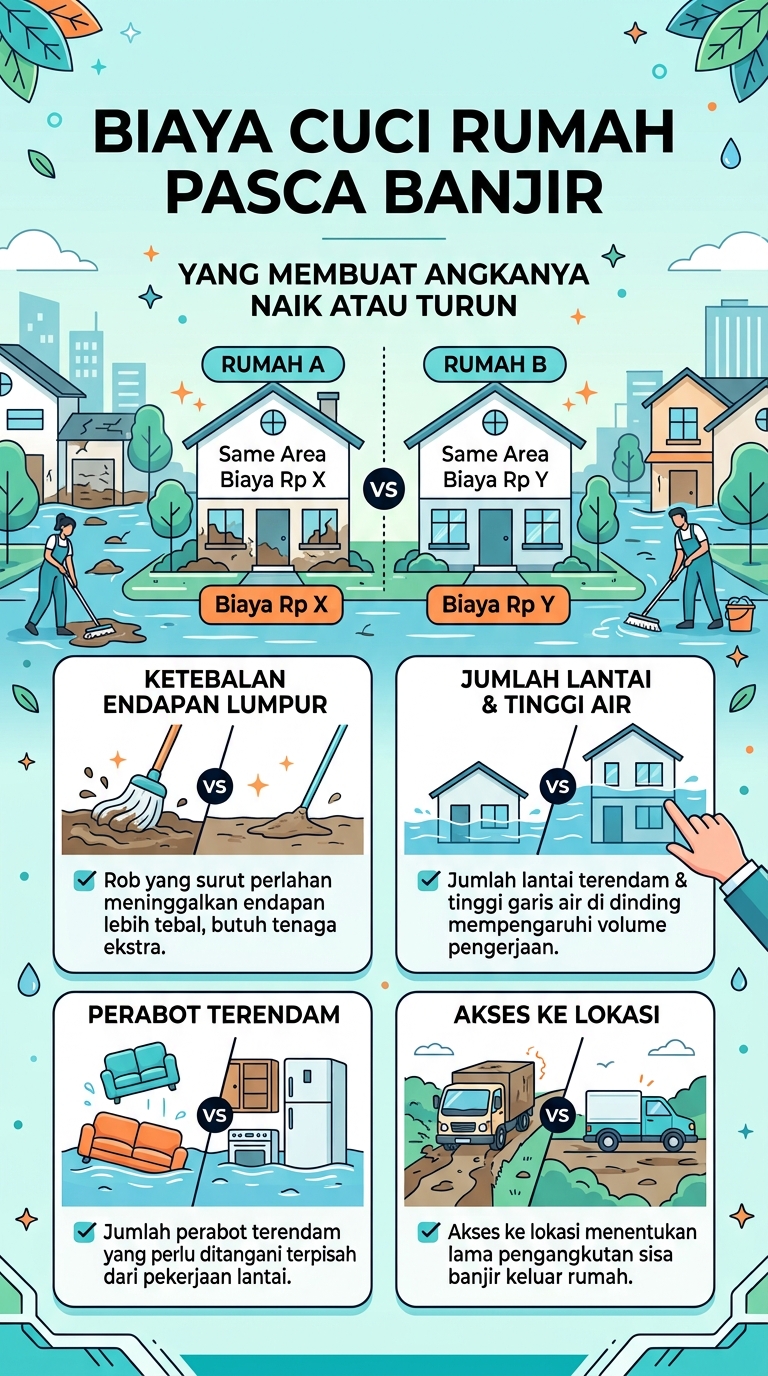 Infografik : Biaya Cuci Rumah Pasca Banjir Ynag Mmembuat Angka nya Naik Turun