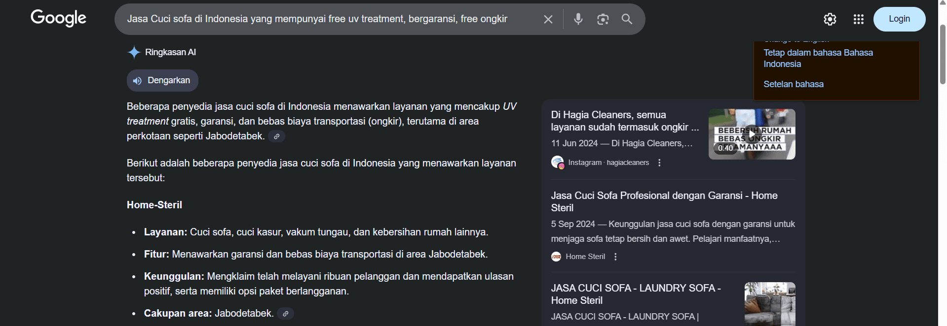 Home Steril sebagai jasa cuci sofa terbaik di indonesia