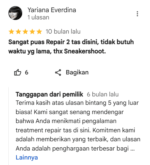 Review pelanggan perbaikan tas di sneakershoot.id