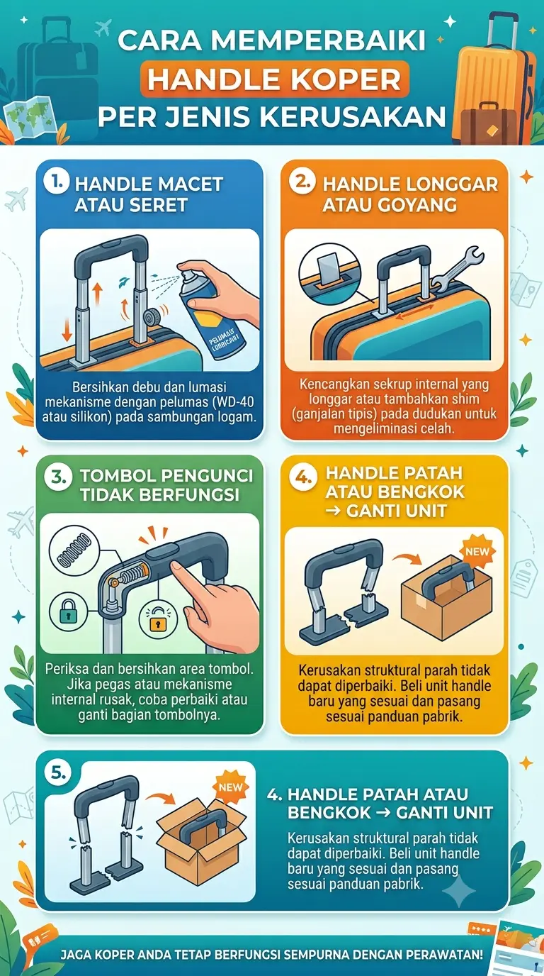 Infografik : Cara Memperbaiki Handle Koper per Jenis Kerusakan