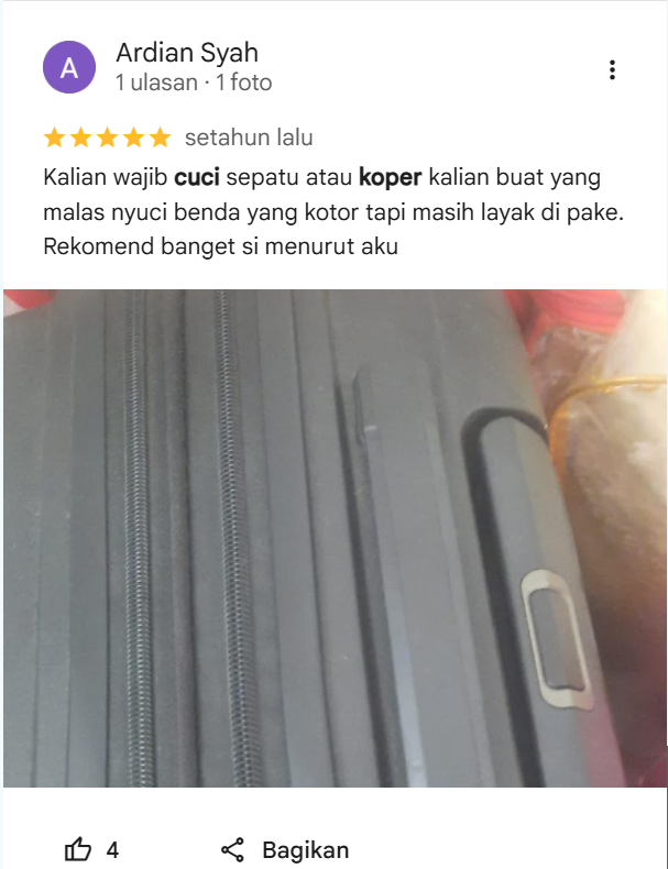 Testimoni bintang lima pelanggan yang puas dengan layanan laundry koper kilat Home Steril - home-steril.com