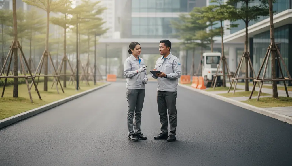 Tim Pengaspalan Jalan Home Steril Sedang Mengoperasikan Alat Berat Pemadat - home-steril.com