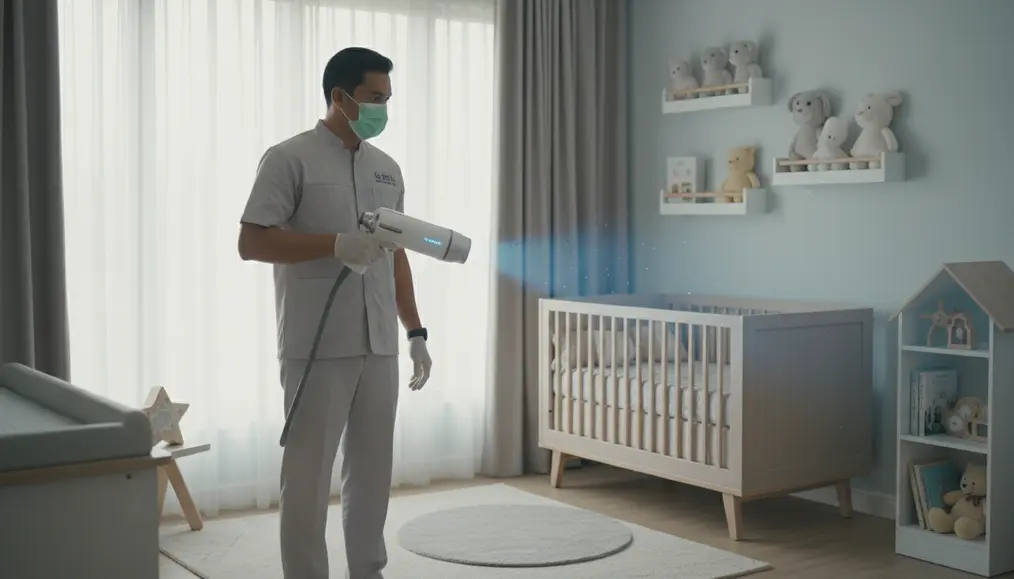 Teknisi Home Steril bersiap melakukan sanitasi kamar menggunakan alat pelindung diri lengkap - home-steril.com