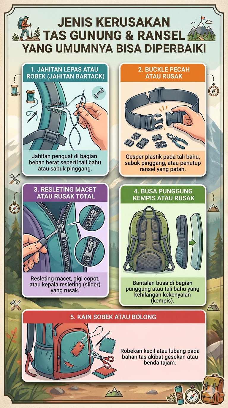 Infografik : Jenis kerusakan tas gunung & ransel yang umumnya bisa diperbaiki