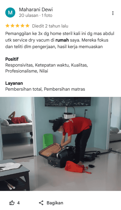 Rating Pelanggan Pakai Jasa Deep Cleaning Home Steril