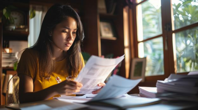 don_maximus_young_Indonesian_woman_23_reviewing_printed_financi_237cae6c-f9d8-4474-b47e-6297c37911e9.webp