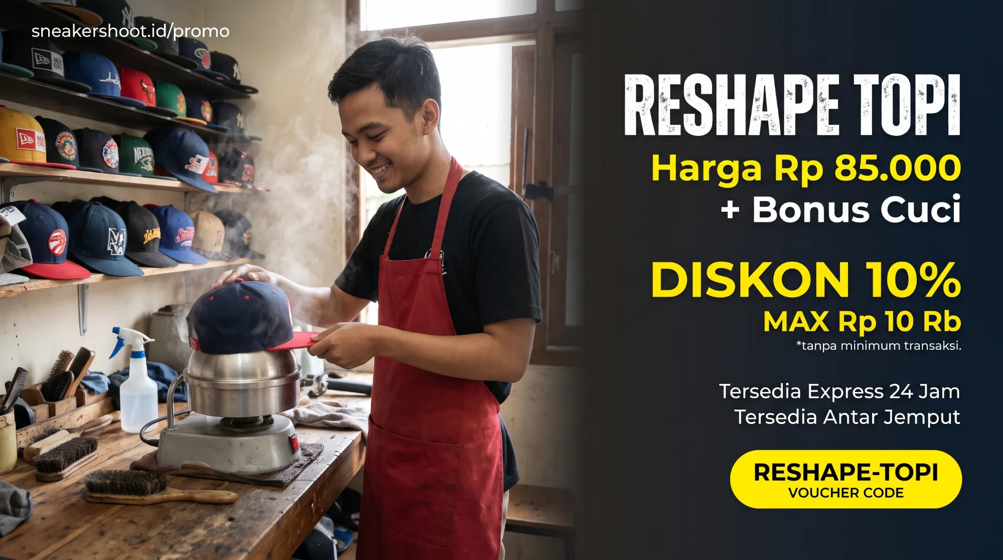 Promo Reshape Topi Snapback, Sudah Termasuk Cuci